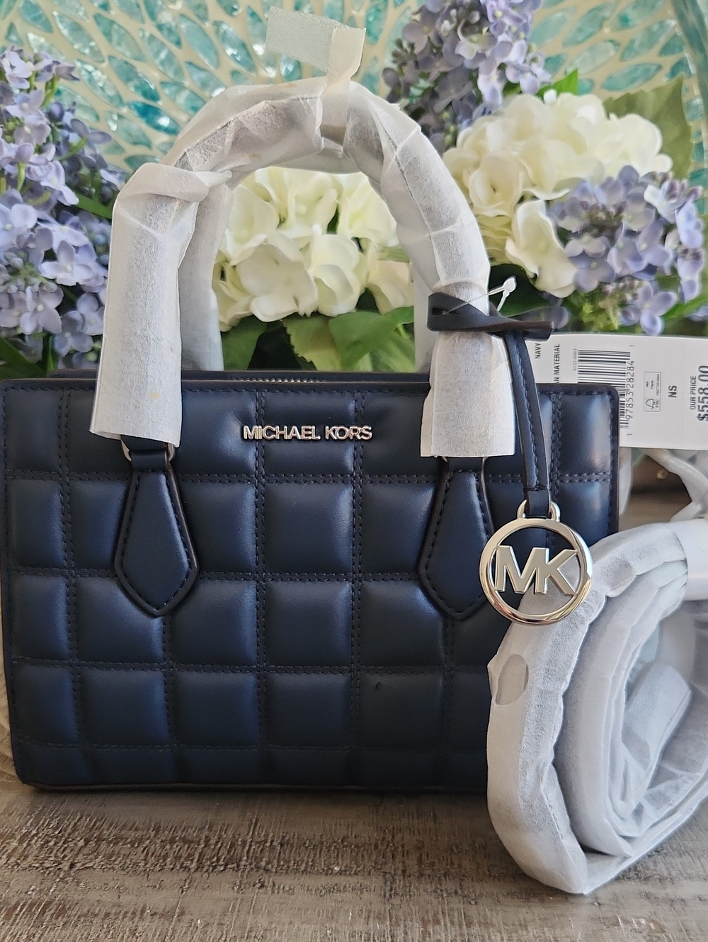 Michael Kors Navy Quilted Leather Satchel with Gold MK Charm. New!